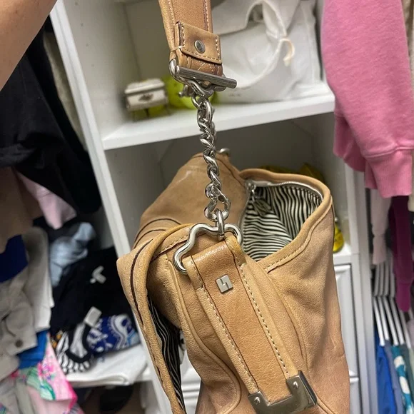 L.A.M.B. Brown Tan Leather Tassel Chain Strap Hobo Shoulder Bag Purse - Picture 7 of 9